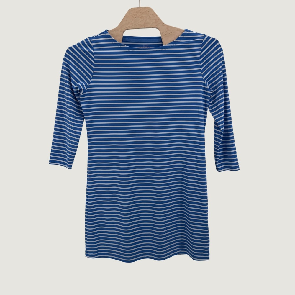 Vineyard Vines Sankaty Dress Womens L Blue White Striped Preppy 3/4Sleeve Sheath